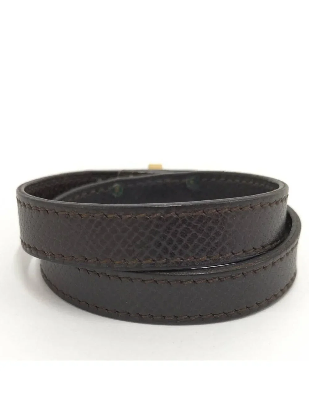 Hermes Tall Double Tour Bracelet Leather Dark Brown Gold Plated